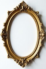 Ornate oval antique gold frame, white backdrop , ornate, detail, golden