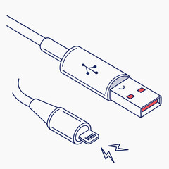 Vector illustration of broken usb cable being fixed, isolated on transparent background