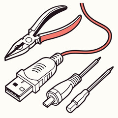 Vector illustration of broken usb cable being fixed, isolated on transparent background