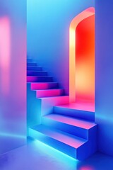 A unique architectural scene featuring colorful gradient stairs in a softly glowing, neon-infused blue room.