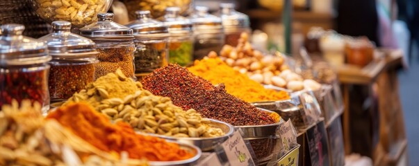 A vibrant street food market bustling with customers enjoying aromatic snacks and spices.