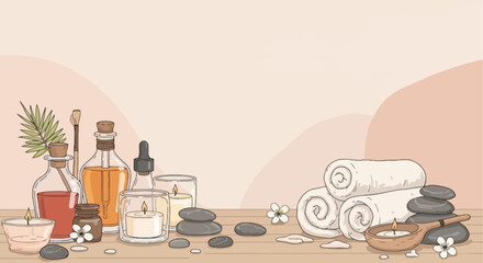 Relaxing spa and wellness vector background with candles, essential oils, towels, smooth stones, and calming natural elements.
