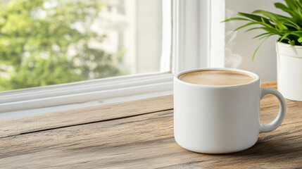 Steaming cup of coffee on wooden table by window with greenery outside, creating cozy atmosphere
