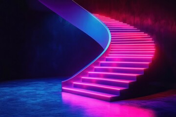 A visually captivating abstract stage where neon staircases glow against a dark backdrop, perfect for digital designs.