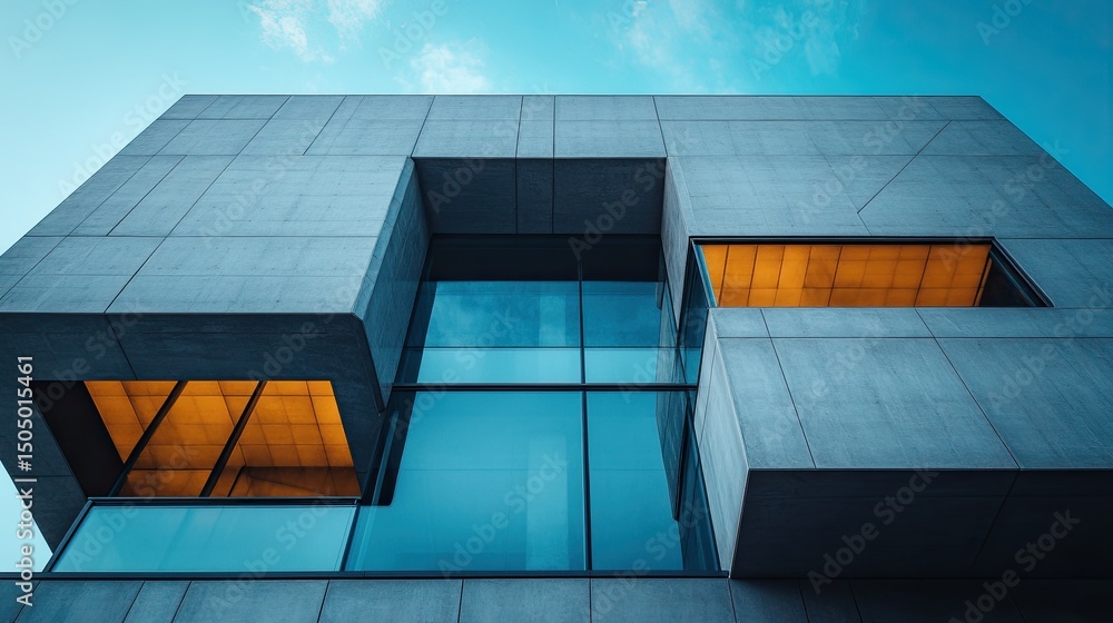 Poster low angle view of a modern building with large windows and a blue sky in the background above it all