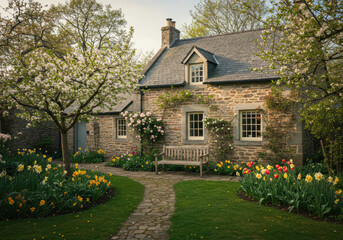 Beautiful stone cottage with a blossoming tree and a flower-filled garden pathway.