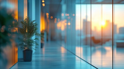 A plant in a pot sits in a modern office space with a view of a city at sunset through glass walls