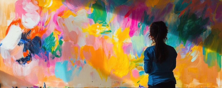 A young artist in a sunlit studio, painting an abstract canvas with vibrant colors and expressive brushstrokes.