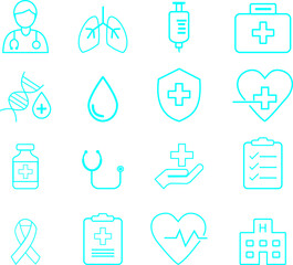 A set of 16 white medical line icons on a transparent background, Modern Healthcare Symbols