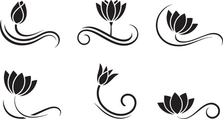 Elegant collection of black lotus flower designs with swirls for decorative purposes