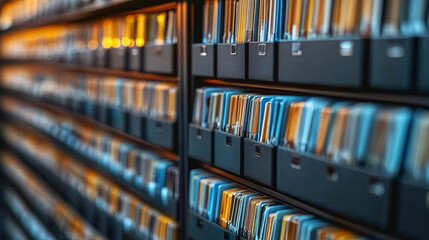 A close up view of shelves filled with file folders in a dark and organized filing system area