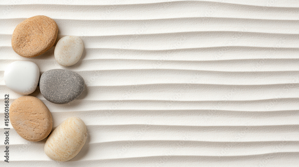 Poster smooth stones arranged on zen sand garden with gentle patterns, creating calming atmosphere