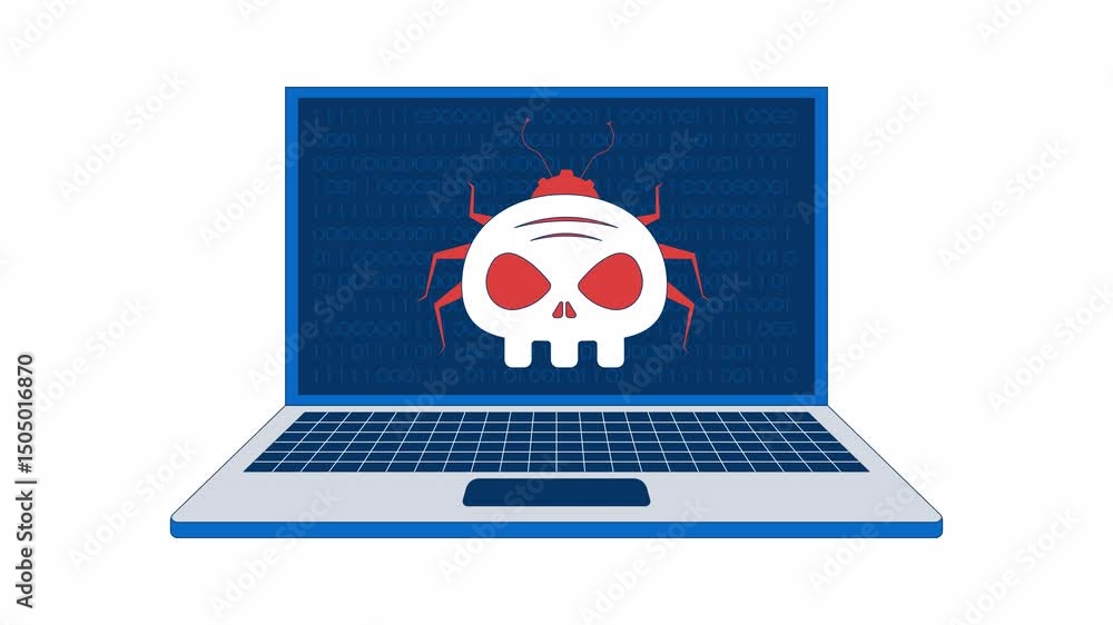 Poster virus computer bug on laptop 2d animation. cybersecurity threat. system hacking. digital danger. mal