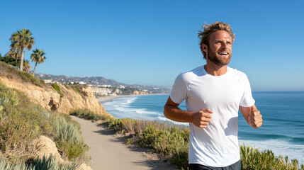 Young man jogging along coastal cliff with ocean view, enjoying sunny day