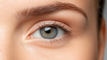 Close up of woman eye showcasing clear skin, defined eyelashes, and natural beauty