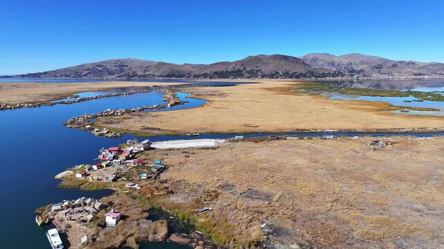 Aerial View of Uros Floating Islands on Lake Titicaca in Peru