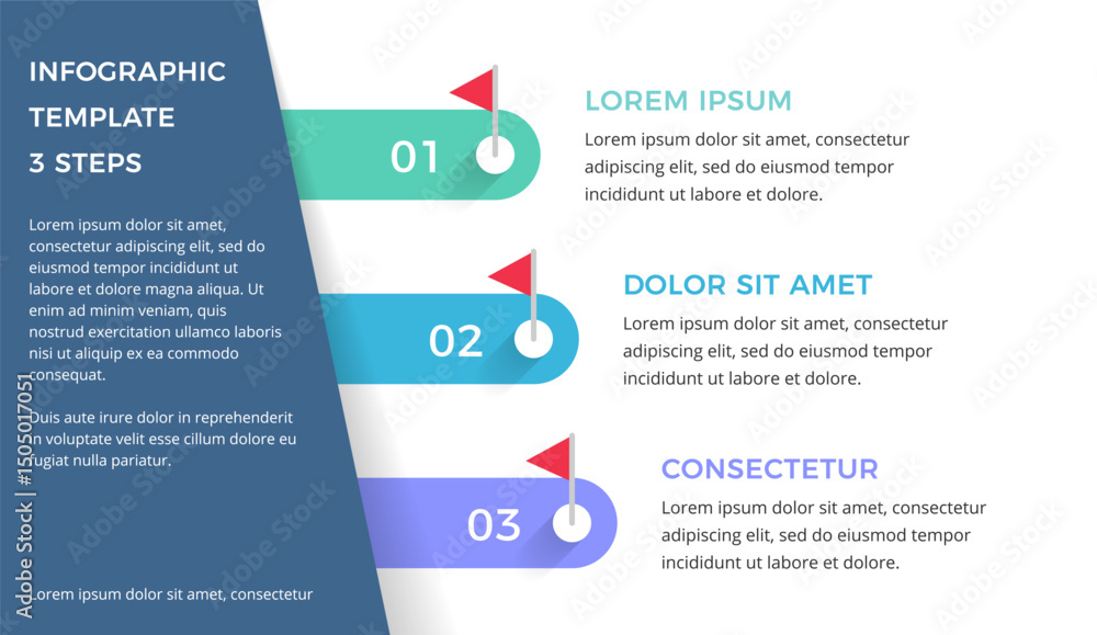Poster modern three-step infographic template with numbered elements, colored sections and red flags, vecto