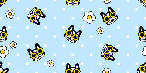 dog seamless pattern french bulldog flower sunglasses daisy puppy vector pet breed cartoon polka dot gift wrapping paper repeat wallpaper tile background doodle illustration isolated design