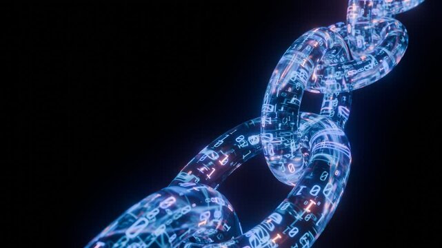 Glowing Digital Blockchain Chain Made of Binary Code Links Representing Cybersecurity, Data Integrity, and Decentralized Technology in a Futuristic Space. Seamless loop background animation