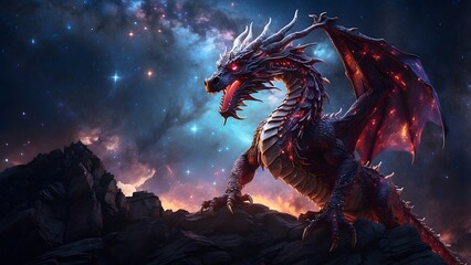 A celestial dragon weaving through the stars in a glowing night sky, fantasy and mythology backdrop, cinematic HDR vibrant theme colors, promo movie sales poster banner book cover background