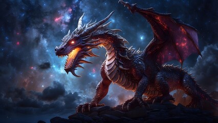 A celestial dragon weaving through the stars in a glowing night sky, fantasy and mythology backdrop, cinematic HDR vibrant theme colors, promo movie sales poster banner book cover background