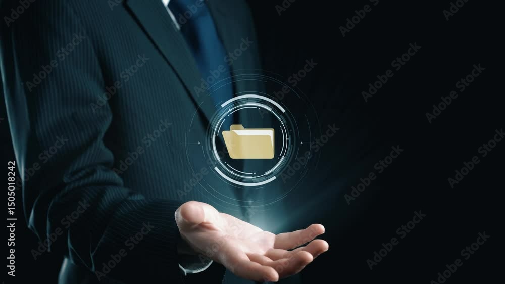 Poster business person managing online documents folders for efficient work processes. ensure secure and qu