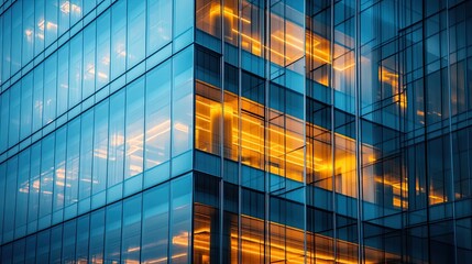 A modern glass building reflecting the sky with warm light emanating from within its windows