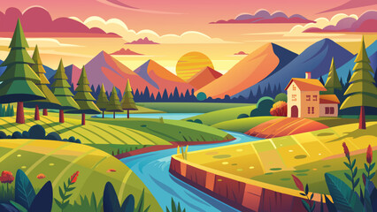 Sunset Landscape. Serene River. Mountains. and Country House