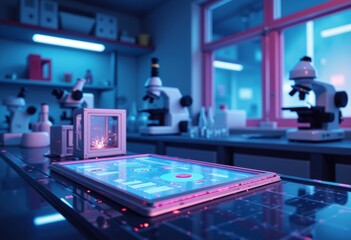 Dairy lab scientist presenting test results on a tablet in a modern laboratory