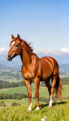 Obraz premium Muscular chestnut horse standing gracefully on a hill, nature's beauty