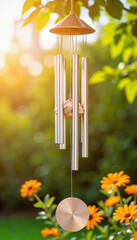 Sleek silver wind chime swaying in garden sunlight, serene ambiance