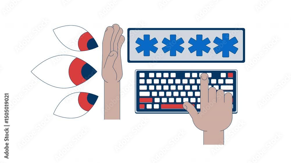 Poster password protection 2d animation. data security, privacy. cybersecurity. shielding typing keyboard f