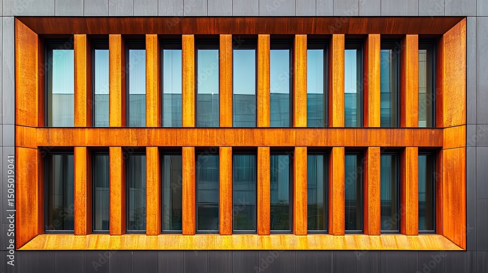 Poster a symmetrical view of a modern building facade with wooden window frames and gray tile walls