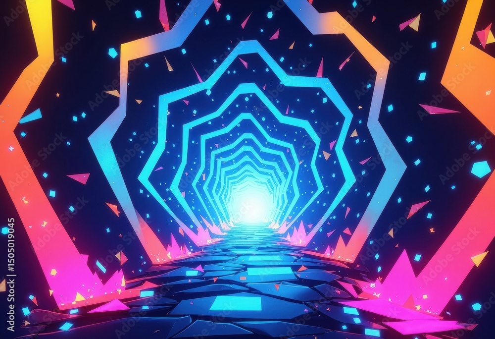 Poster pulsing geometric shapes creating a vibrant tunnel of light for vj loops
