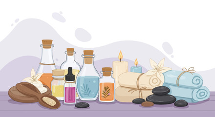 Relaxing spa and wellness vector background with candles, essential oils, towels, smooth stones, and calming natural elements.
