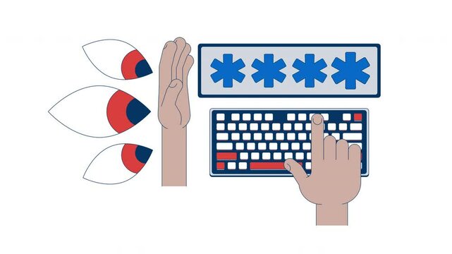 Password protection 2D animation. Data security, privacy. Cybersecurity. Shielding typing keyboard from prying eyes animated composition cartoon flat concept metaphor 4K video isolated on white