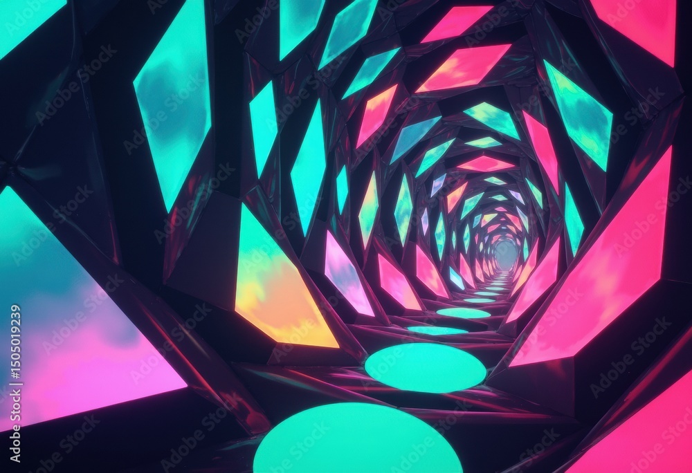 Poster pulsing geometric shapes create a vibrant tunnel of light for vj loops