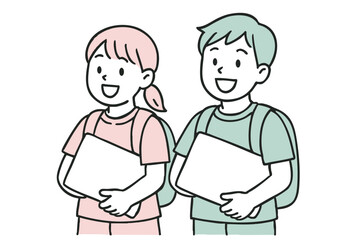 ノートパソコンを持った小学生の男女 – デジタル学習のはじまり