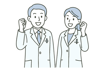 白衣を着た男女医療従事者のガッツポーズ