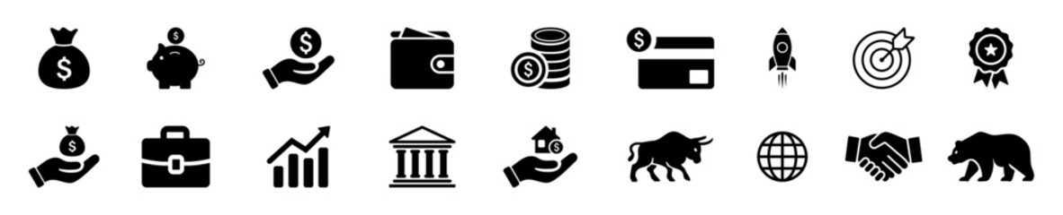 Business, finance, and investment icon set. Includes wallet, credit card, bank, piggy bank, rocket, handshake, bull and bear market, and more. Icons, vector, business, finance.
