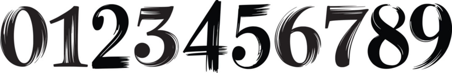 Elegant Brush Style Numbers Vector Illustration, Modern Black Artistic Number Set 0-9. © NASRIN