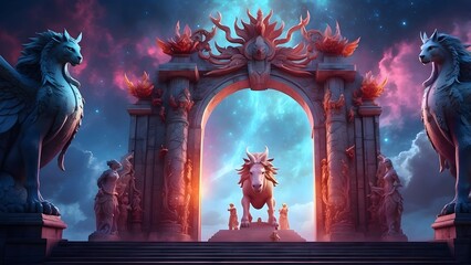 A celestial gate guarded by glowing statues of mythical creatures, fantasy and mythology desktop wallpaper backdrop, cinematic HDR vibrant theme colors, promo movie sales poster banner book cover back