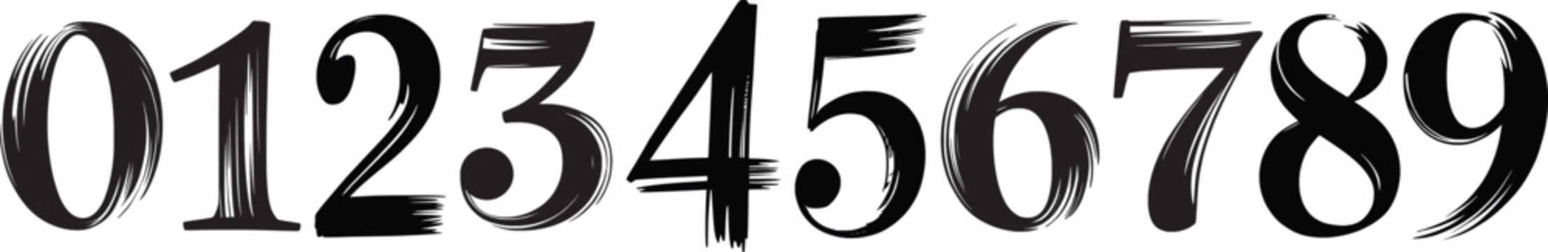 Elegant Brush Style Numbers Vector Illustration, Modern Black Artistic Number Set 0-9.