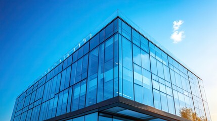 Low angle view of a modern glass building against a clear blue sky on a bright sunny day time