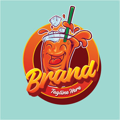Cheerful Cartoon Beverage Logo with Smiling Face, Straw, and Ice Cubes