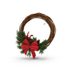 Rustic Christmas Wreath with Red Bow isolated on transparent background