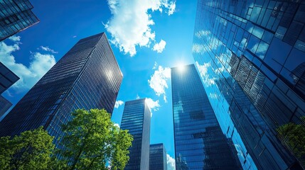 Worm's eye view of modern glass skyscrapers against a vibrant blue sky with scattered clouds above them