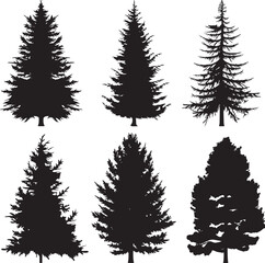 Obraz premium series black and white silhouette sets of a spruce tree, vector art, solid white background, icon black vector illustration