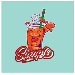 Cheerful Cartoon Beverage Logo with Smiling Face, Straw, and Ice Cubes
