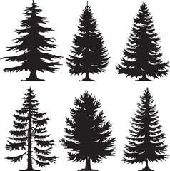 Obraz premium series black and white silhouette sets of a spruce tree, vector art, solid white background, icon black vector illustration